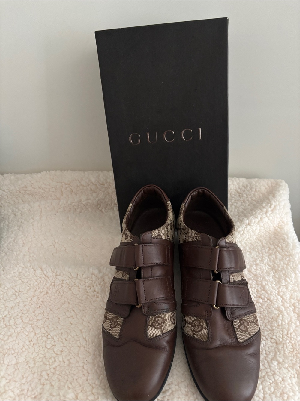 Gucci Brown Leather & GG Monogram Velcro Strap Sneakers